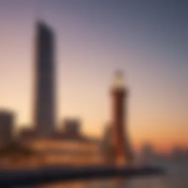 A panoramic view of the Bulgari Lighthouse against the Dubai skyline during sunset.