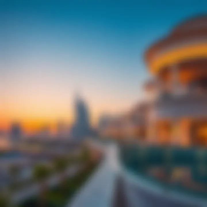 A luxurious Dubai skyline at sunset