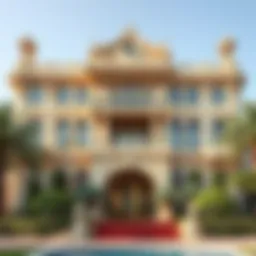 Exterior view of a luxurious mansion in Dubai showcasing ornate architectural details