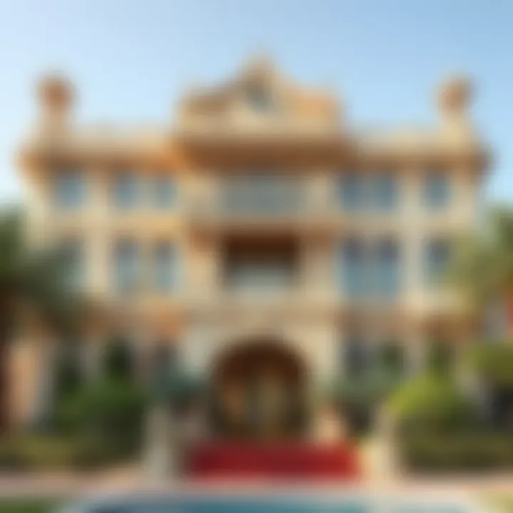 Exterior view of a luxurious mansion in Dubai showcasing ornate architectural details