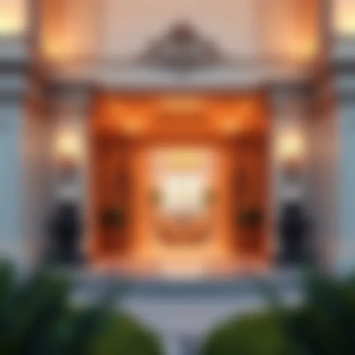 Detail of a grand entrance with majestic doors and landscaping in a Dubai mansion