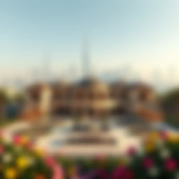 Panoramic view of a stunning mansion with a backdrop of Dubai's skyline