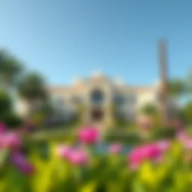 Landscape view showing lush gardens of a spring villa in Dubai