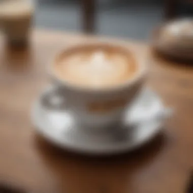 A beautifully crafted coffee cup placed on a wooden table with intricate latte art.