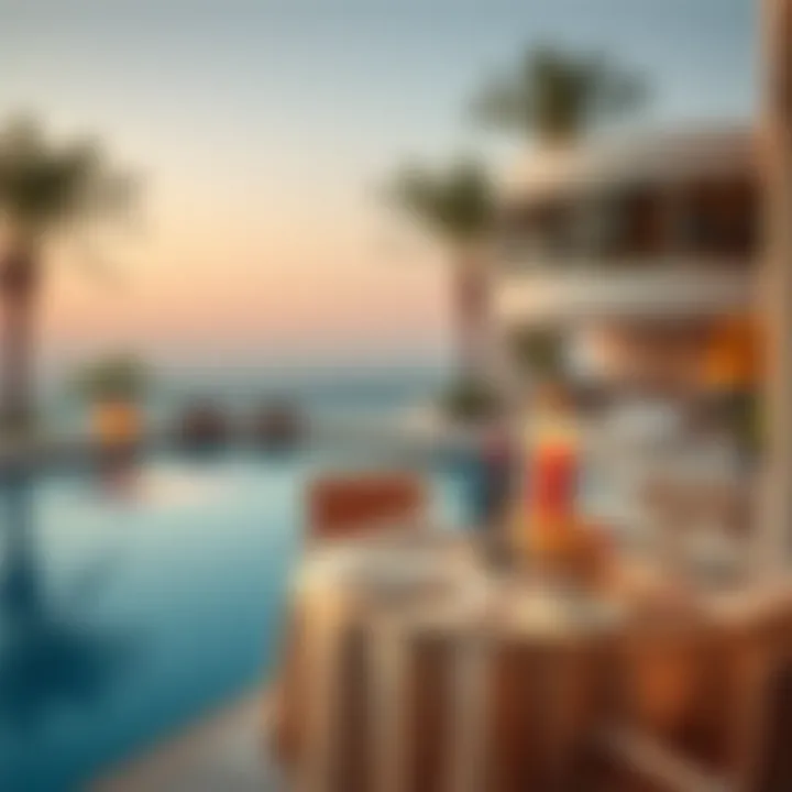 Gourmet Dining by the Poolside A lavish outdoor dining setup beside a private pool at a Dubai resort, emphasizing gourmet experiences.