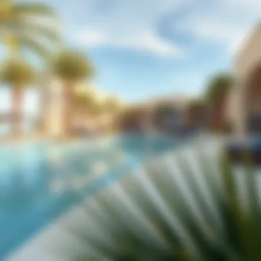 Private Pool Oasis in Dubai A stunning view of a private pool at a lavish Dubai resort, surrounded by palm trees and luxury amenities.