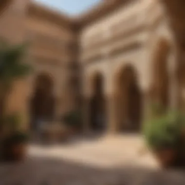 Artistic depiction of Arabian courtyard elements and cultural motifs