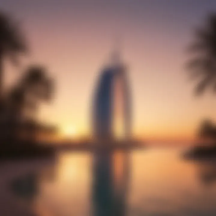 The iconic Burj Al Arab standing majestically against the sunset.