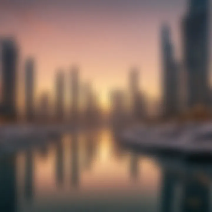 Stunning sunset over the Dubai Marina Islands with yachts docked.