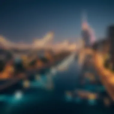 Night view of Jumeirah Canal illuminated, reflecting Dubai's luxurious lifestyle