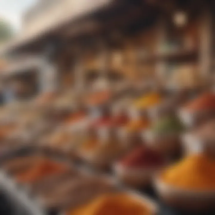 Vibrant market scene with an array of spices and ingredients