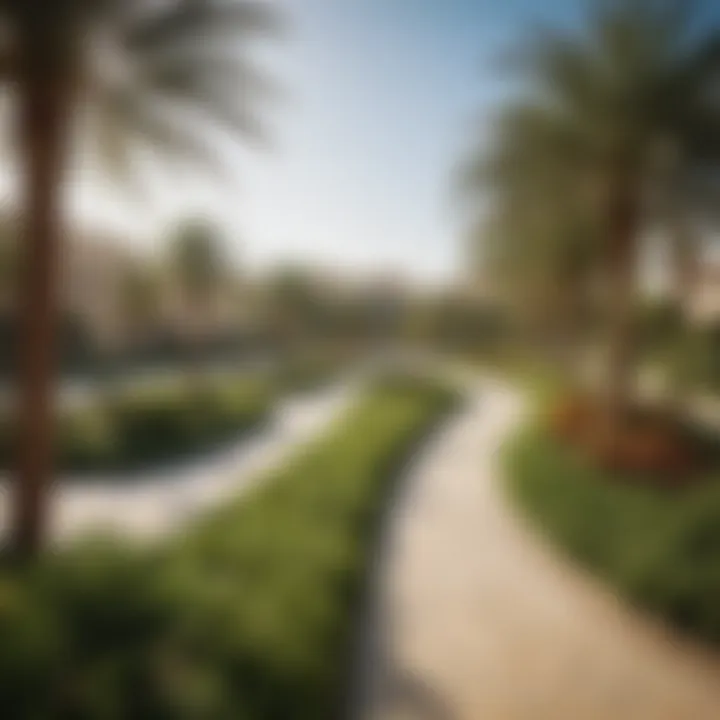 A panoramic view of Yas Gateway Park showcasing its lush greenery and walking paths