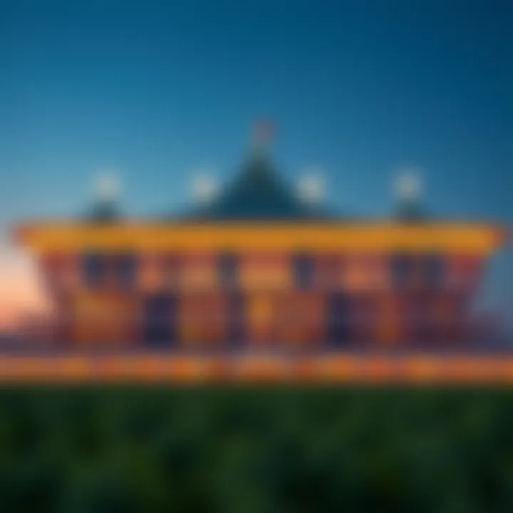 Spectacular view of Meydan Racecourse's grandstand at dusk