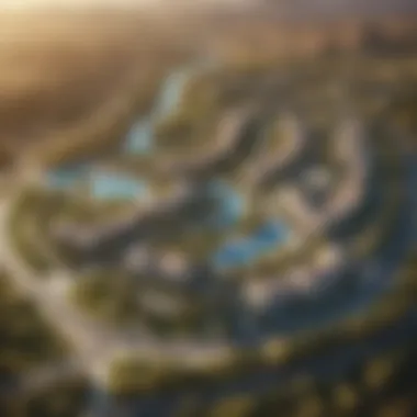 Aerial view of Damac Hills showcasing its landscape and layout