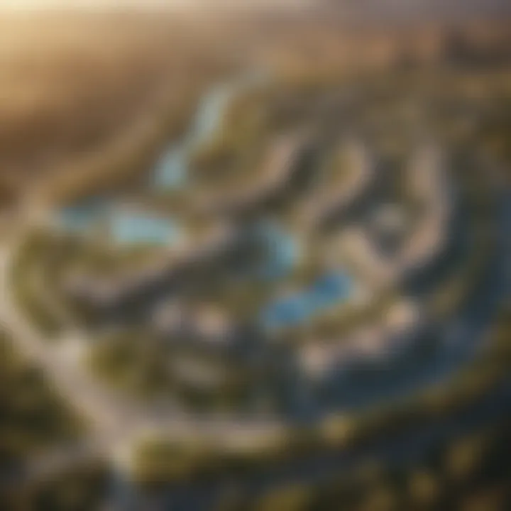 Aerial view of Damac Hills showcasing its landscape and layout