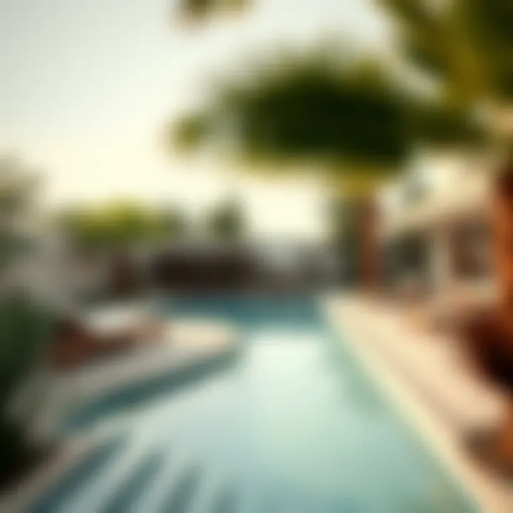 Serene outdoor pool area surrounded by lush landscaping