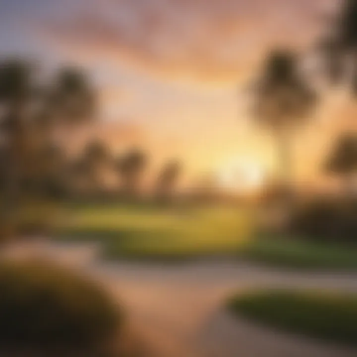 Stunning sunset over a golf course with palm trees